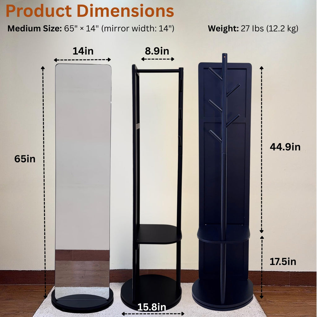 Rotating Solid Wood Full Length Mirror with Coat Rack, 65x14" Shatterproof Floor Mirror with Storage Clothes Rack