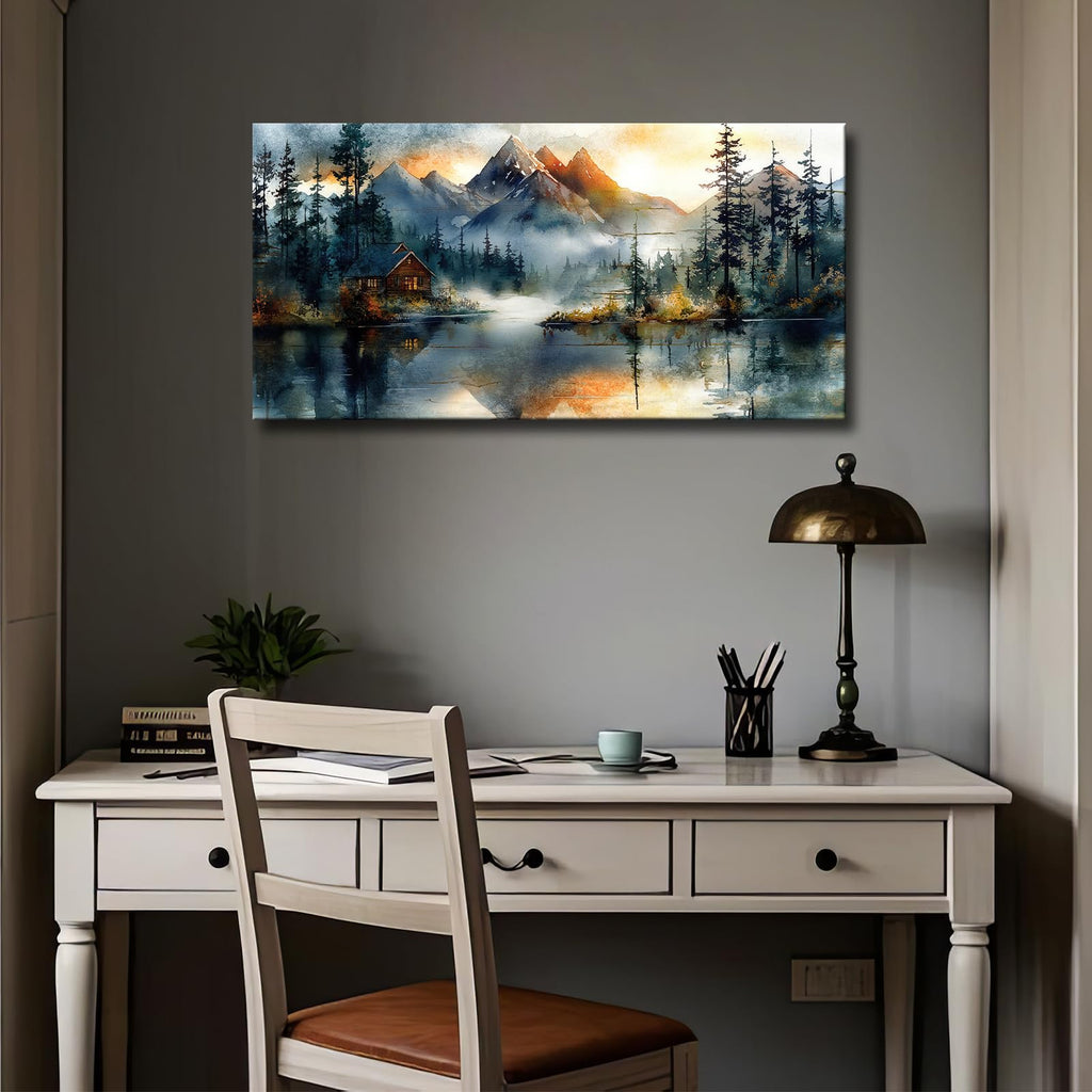 Large Mountain Cabin Wall Art 48x24 Rustic Lake Panoramic Canvas Print