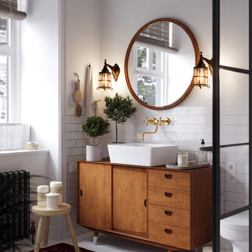 Rustic Amber Glass Wall Sconce 2-Pack, Bronze Brushed, Industrial Farmhouse Lamp Porch Lighting Waterproof Retro Lamp