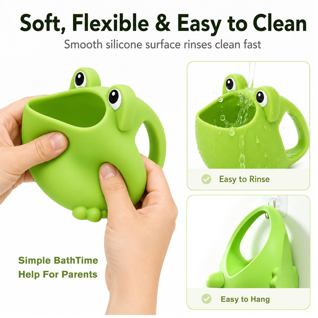 Silicone Baby Rinser Cup Frog Waterfall Bath Hair Rinse Cup, Green