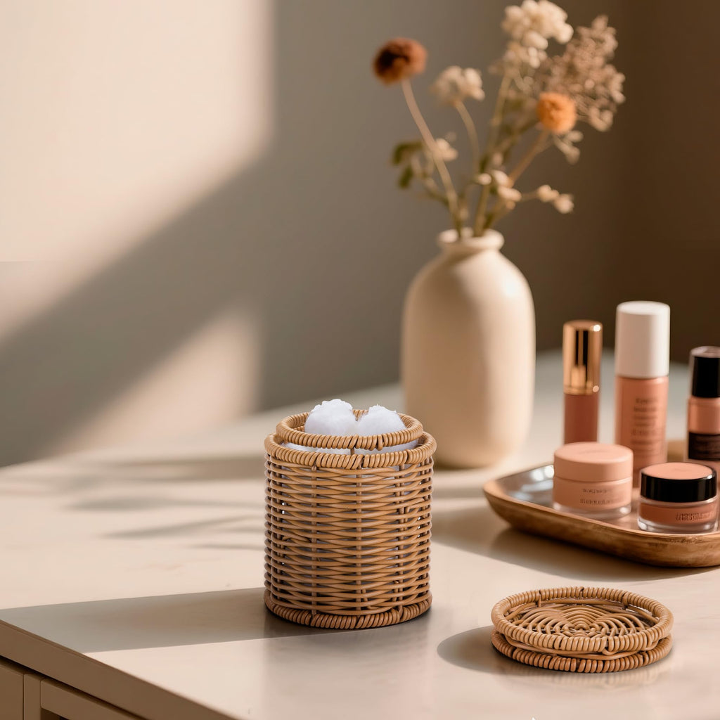 Rattan Q-tip Holder with Lid, Cotton Swab Canister