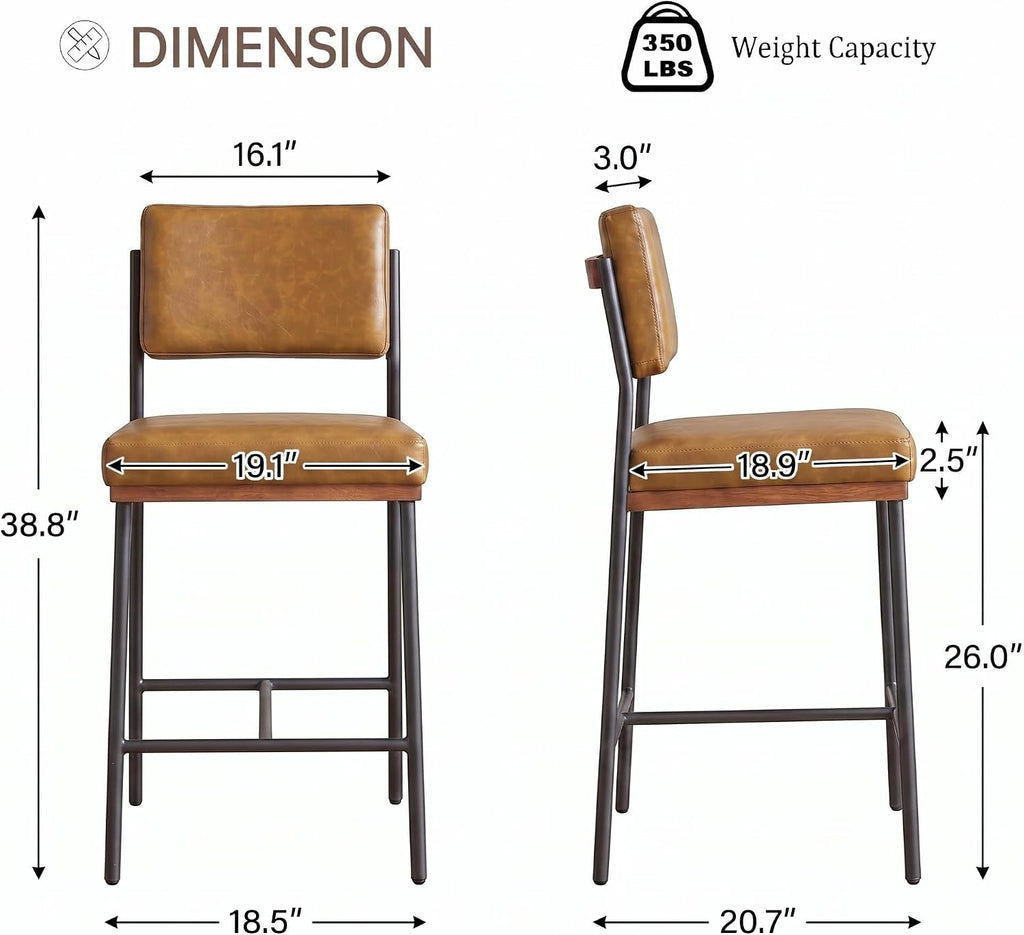 Faux Leather Bar Stools Set of 2,26 Inch Modern Counter Height Bar Stools Island,Counter Stools with Wide Back Sturdy