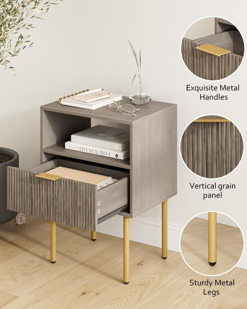 Night Stand, Mid-Century Modern Bedside Table with Storage Drawer and Open Wood Shelf, Small Gold Frame Side Table