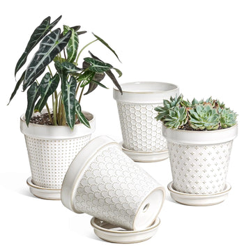 Ceramic Flower Pot with Drainage Hole & Saucer, Plant Pots Set of 4, Arctic White