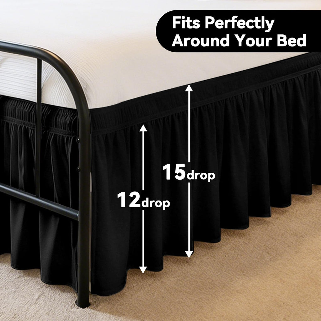 Twin Bed Skirt 15 Inch Drop, Elastic Wrap Around with Split Corners