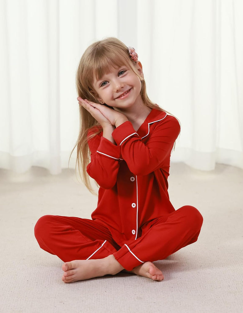 Kids Pajamas Bamboo Viscose Pajama Set, Unisex Boys Girls Long Sleeve Shirt and Pants Button Down Sleepwear