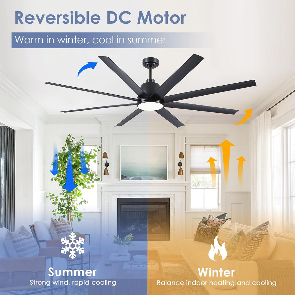 72" Black Ceiling Fan with Lights and Remote Control - Large Industrial Ceiling Fan with 8 ABS Blades, Dimming, DC Motor Reversible, Indoor/Outdoor Modern Ceiling Fan for Living Room, Black A101-B0DQKTB1F2