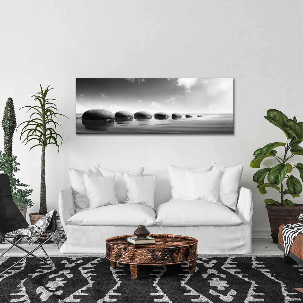 Large Tranquil Zen Stones Canvas Print Monochrome Spa Wall Decor - Serene Nature Artwork Mindfulness Black & White