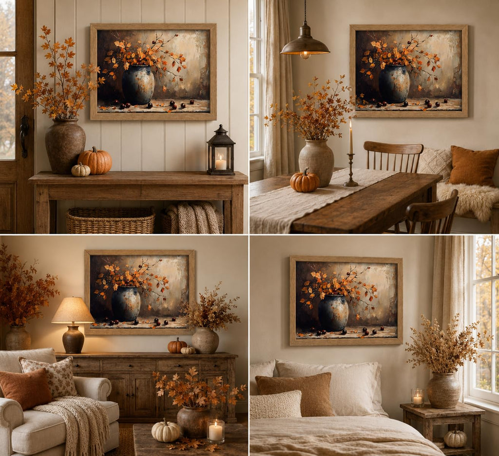 Framed Vintage Autumn Leaf Vase Wall Art, Rustic Still Life Painting Picture Wall Decor, Fall Thanksgiving Botanical