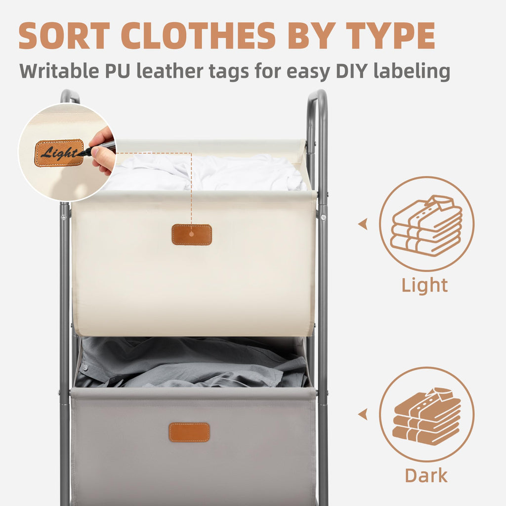 80 Liters Vertical Rolling Laundry Hamper, 2 Section Laundry Sorter with Wheels and 2 Breaks, 2-tier Laundry Baskets