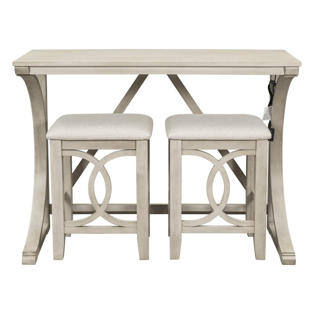 3 Piece Counter Height Dining Set, Farmhouse Kitchen Table Set with USB Port and 2 Upholstered Stools, Breakfast Nook