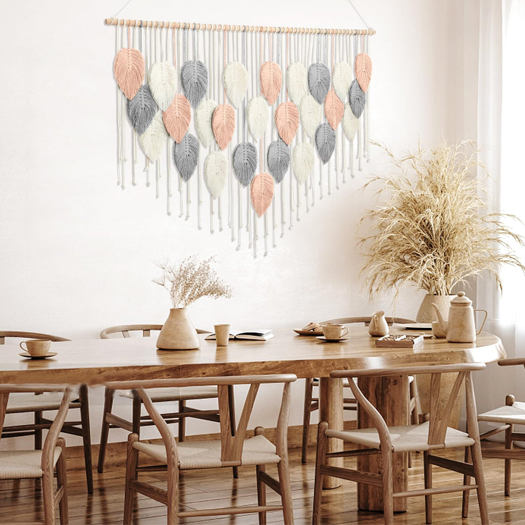 Large Macrame Wall Hanging Boho Leaf Feather Woven Tapestry 51.5"WX33.5"L