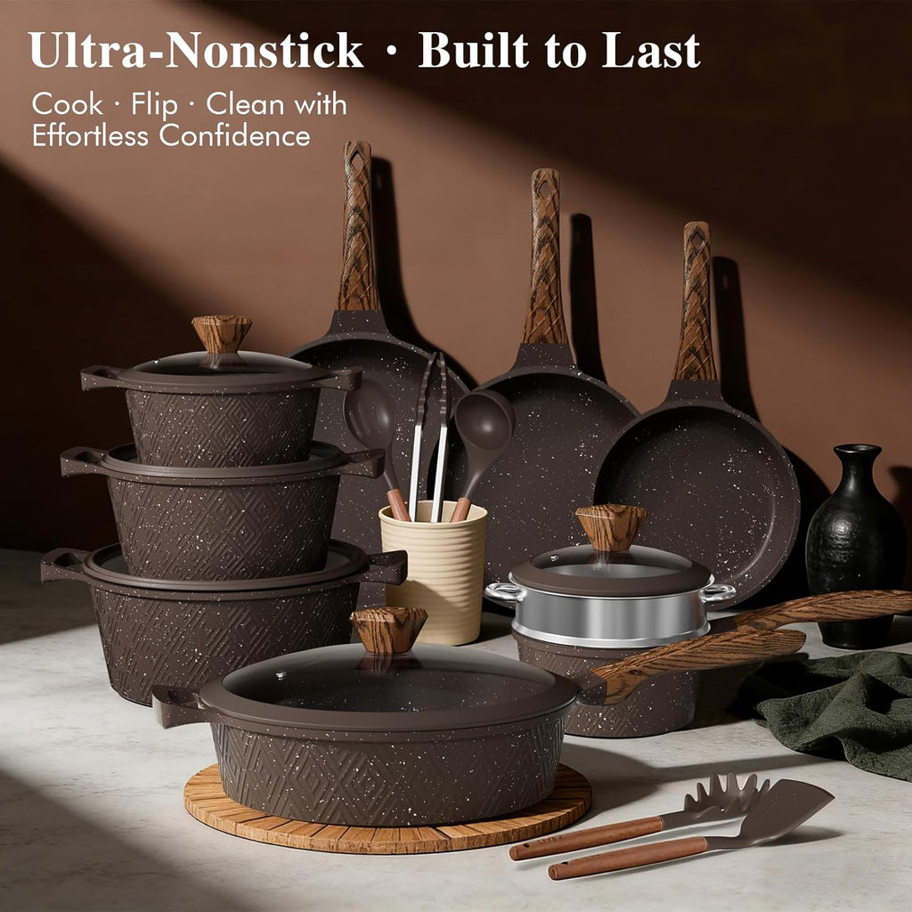 26PCS Pots and Pans Set Non Stick, Nonstick Cookware Sets, Induction Cook Ware, Includes Steamer & Silicone Utensils