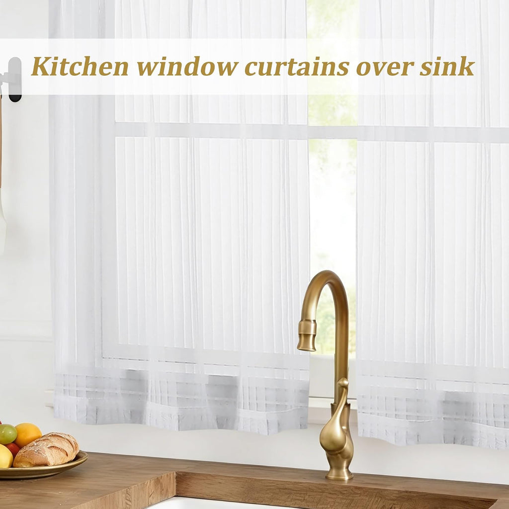 White Striped Kitchen Curtains - Short Semi Sheer Cafe Curtains Tier 36 Inch Length 2 Panels Set, Light Filtering