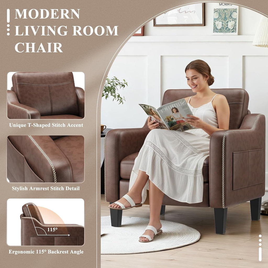 PU Leather Accent Chair, Mid-Century Modern Living Room Armchair Sofa with Removable Cushions & Stitched - Set of 2