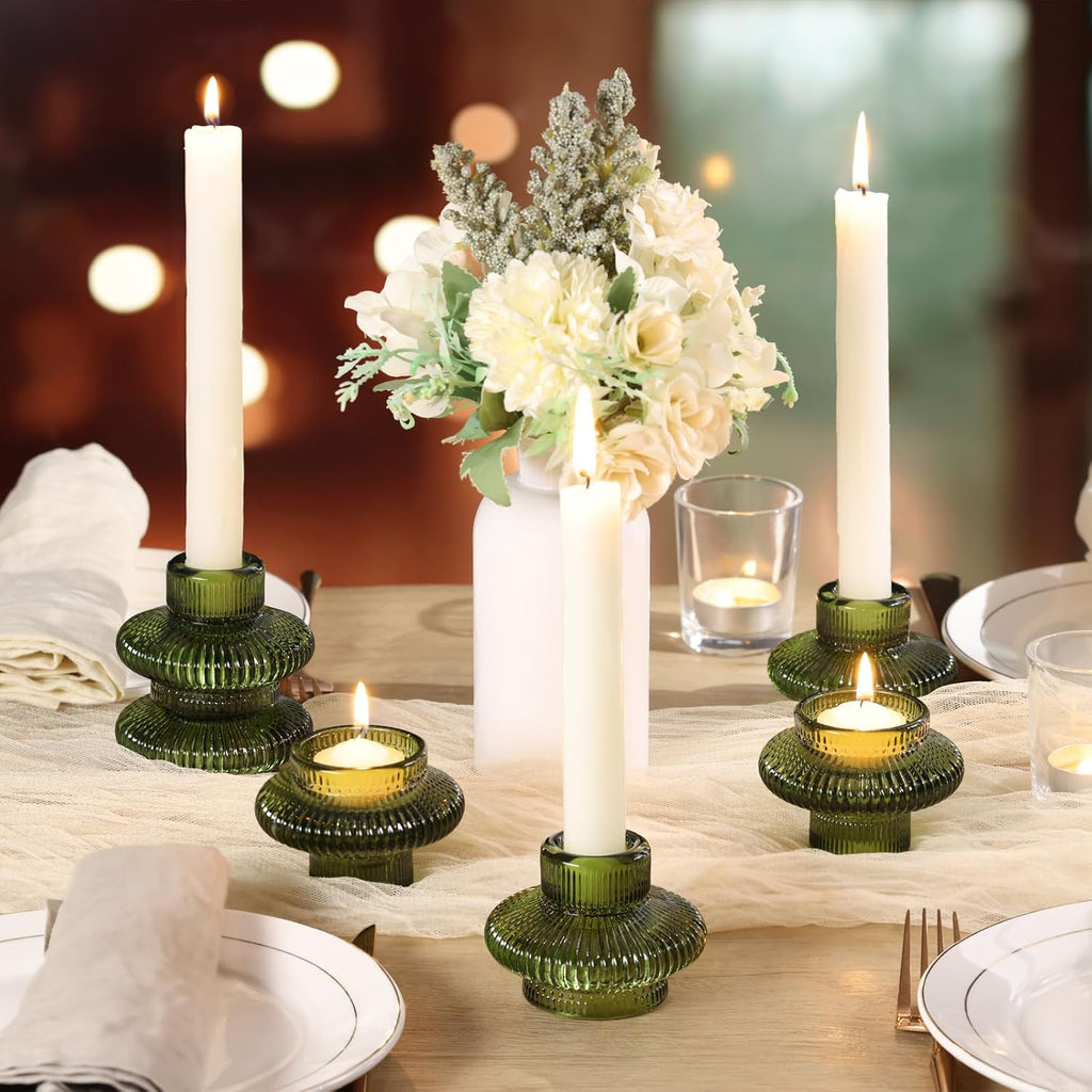 Green Taper Candle Holders Set of 10 for Taper Candles/Tea Lights, Ribbed Glass Candlestick Holders for Boho Wedding