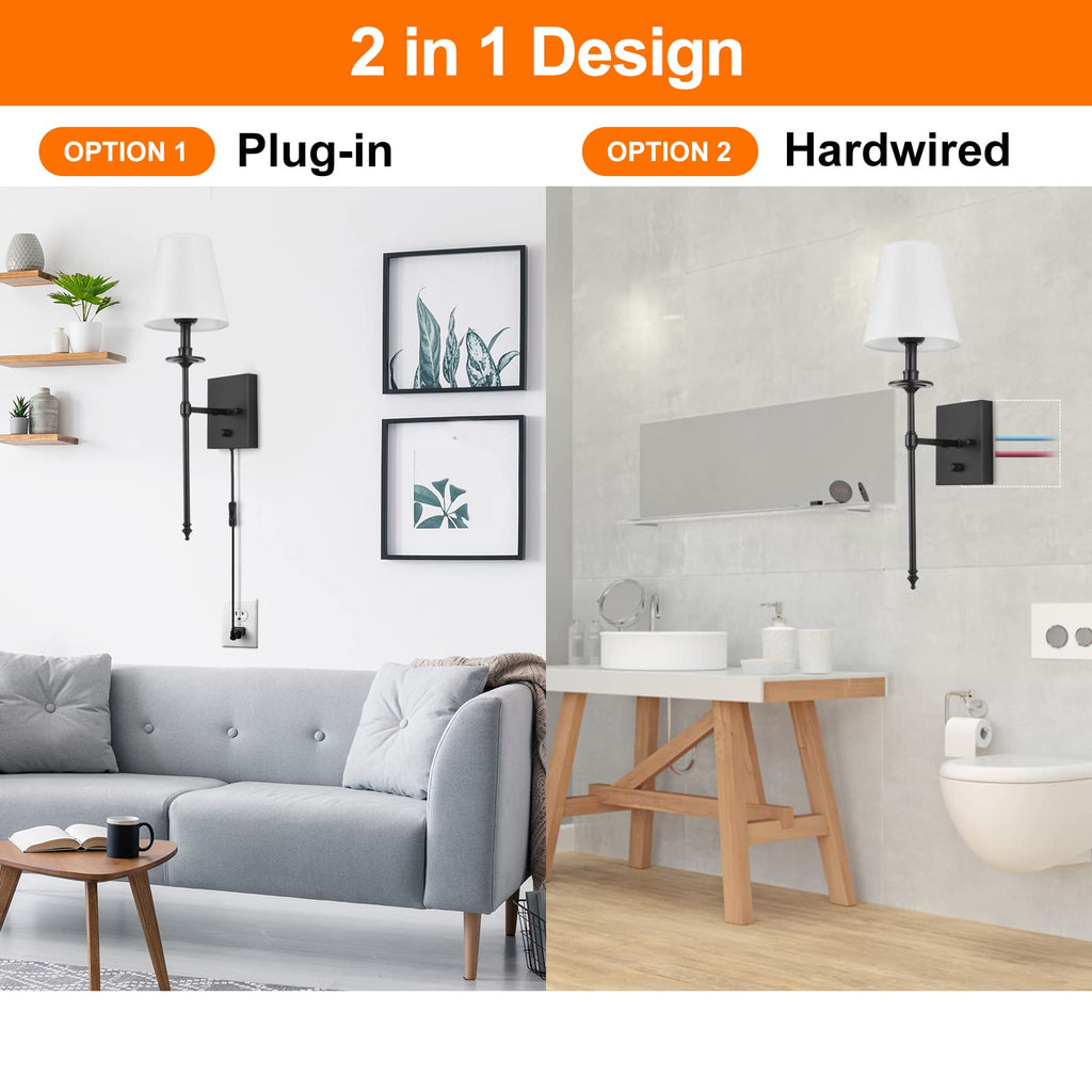 Dimmable Wall Sconces Set of Two, Plug in Wall Sconces White Fabric Shade, Wall Lamp, Plug in Wall Light Sconces