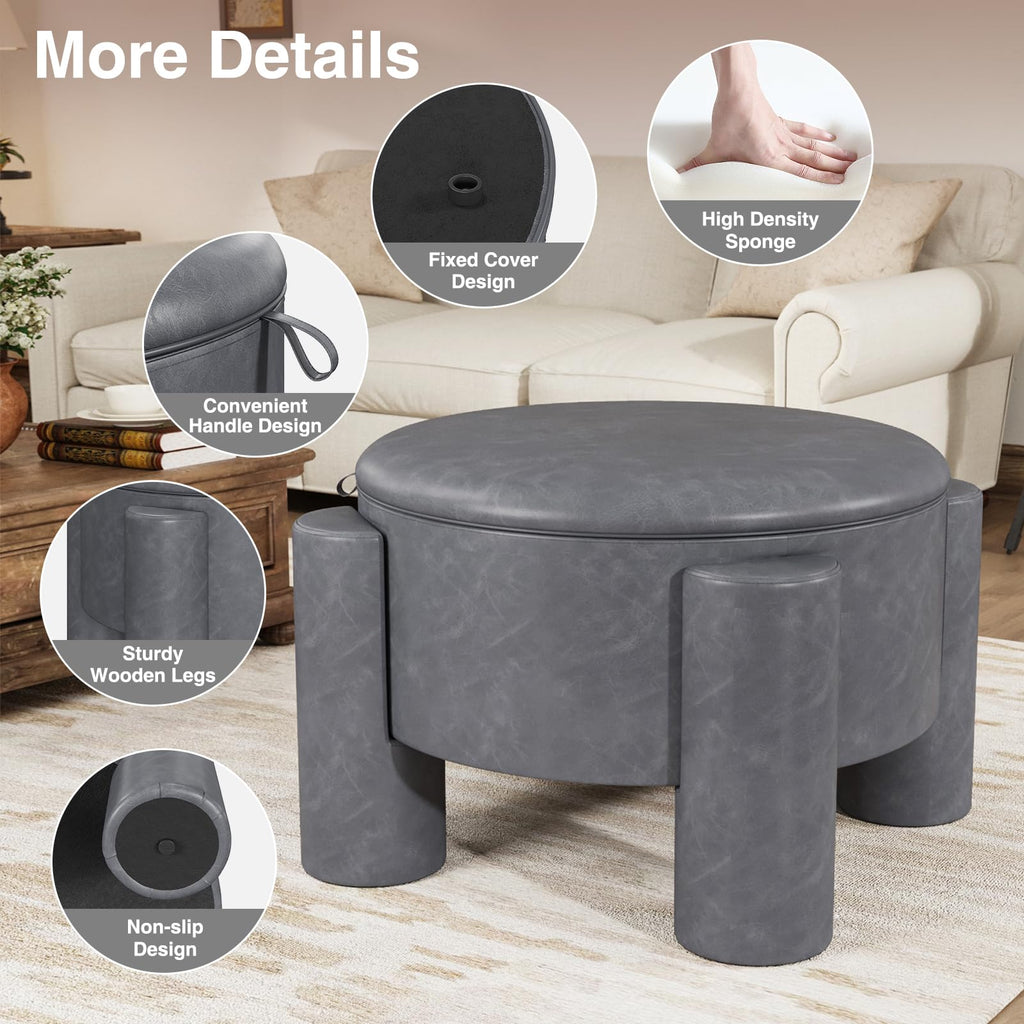 24 Inch Round Small Ottoman with Storage, Faux Leather