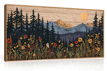 Mid Century Woodland Mountain Framed Canvas Wall Art Set, Vintage Natural Sunset Wildflower Forest Field