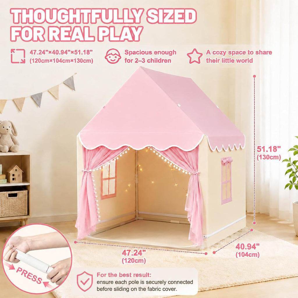 Kids Play Tent Indoor Playhouse, Princess Tent with Mat & Star Lights Pink
