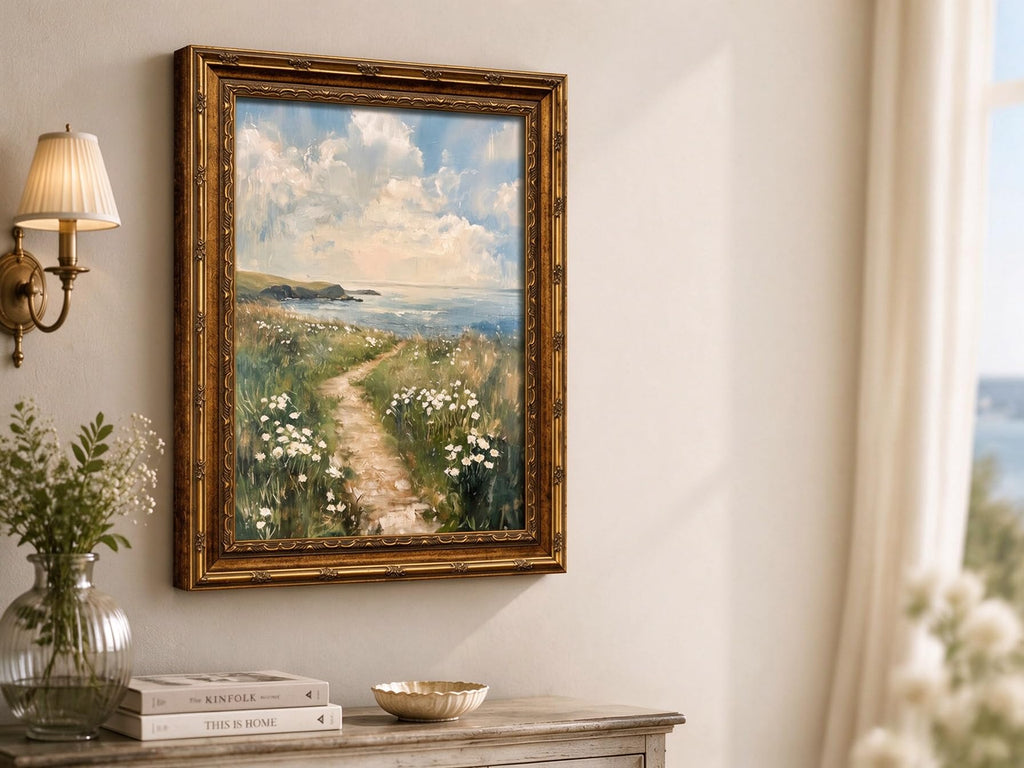 Vintage Gold Framed Coastal Wildflower Path Canvas Wall Art, 12x16 Inch