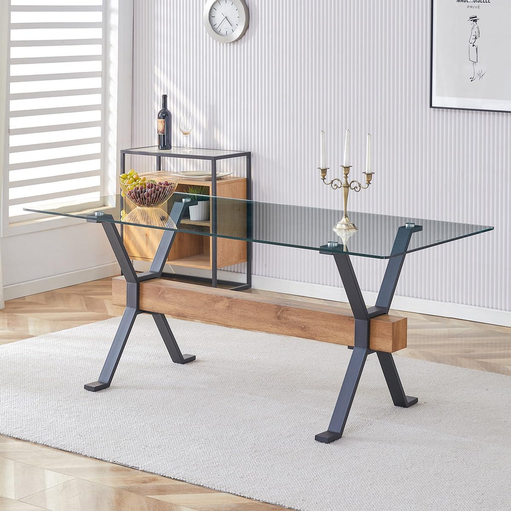 Glass Dining Table 71"|Modern Dining Table for 6-8|0.4" Thick Tempered Glass Top|Matte Black Metal Legs|Wooden