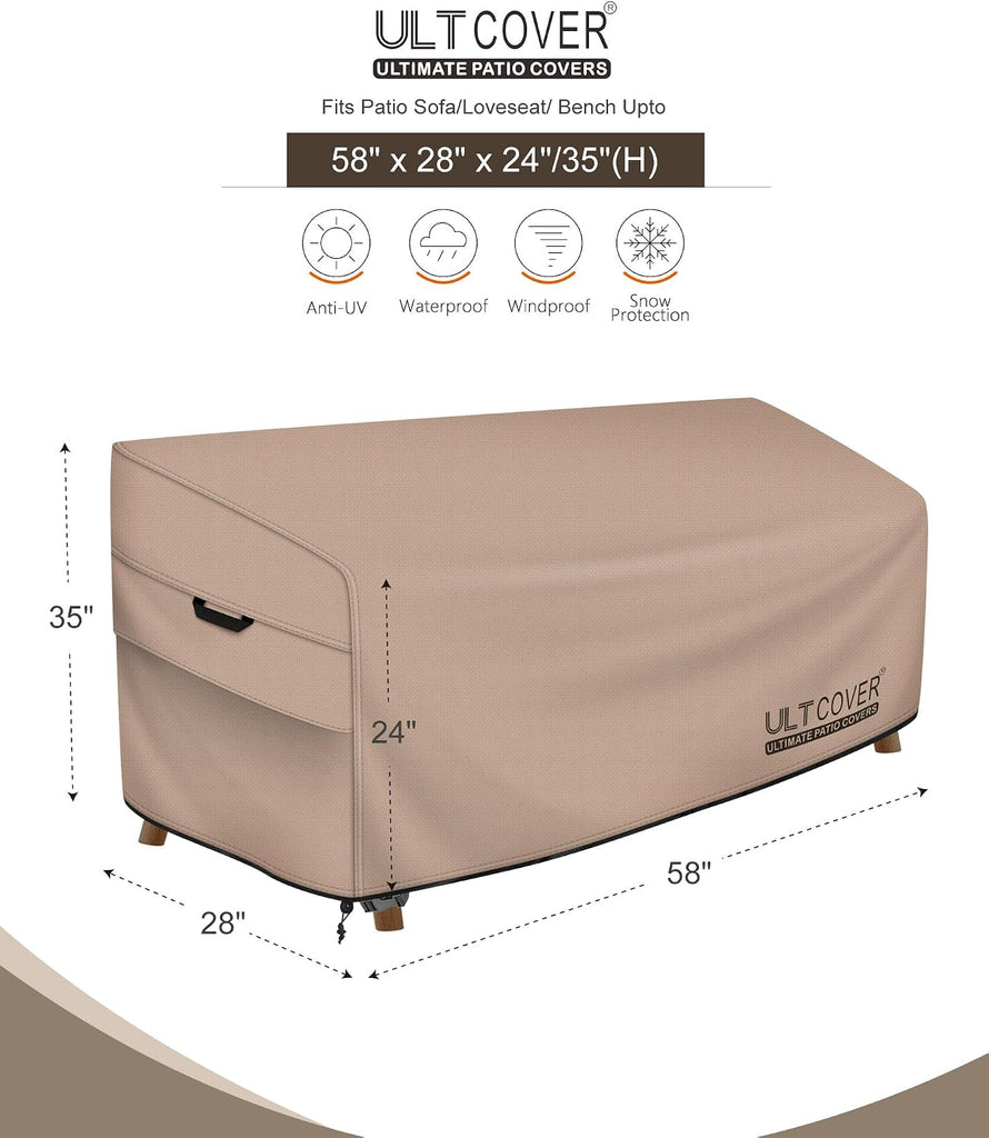 Waterproof Outdoor Bench Furniture Cover, 58W x 28D x 35H in | Heavy Duty 600D Polyester, UV Resistant, Fits Patio