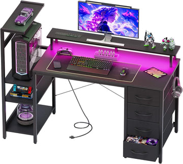 51in Gaming Computer Desk with Drawers & Power Outlet & LED Lights, Black | Gaming Table, Escritorio Gamer