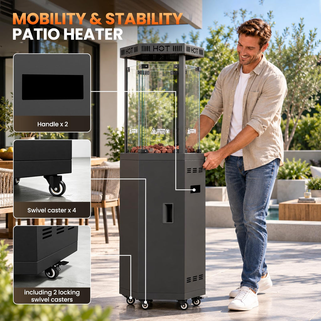 Outdoor Patio Heater, 41, 000 BTU Propane Glass Flame Tower with Wheels
