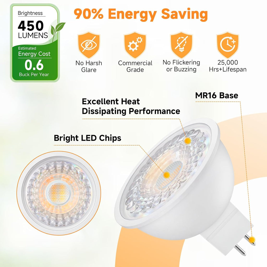 MR16 LED Bulbs 50W Halogen Equivalent, GU5.3, Soft Warm White 2700K, Low Voltage 12V, 450LM Landscape Spotlight Bulb