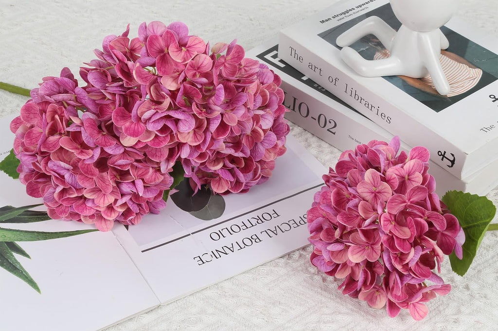 6PCS Real Touch Artificial Fuchsia Faux Hydrangeas with Short Stems Latex Realistic Fake Decor Party Floral