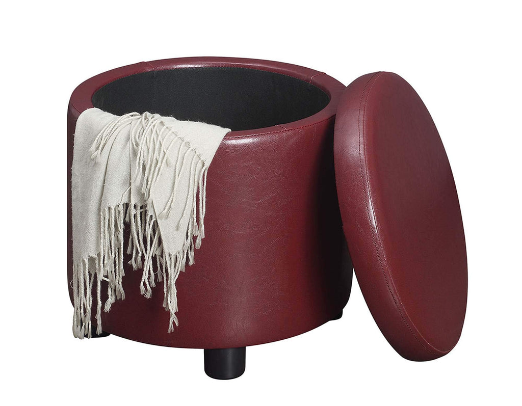 Designs4Comfort Round Accent Storage Ottoman in Burgundy Red Faux Leather Finish