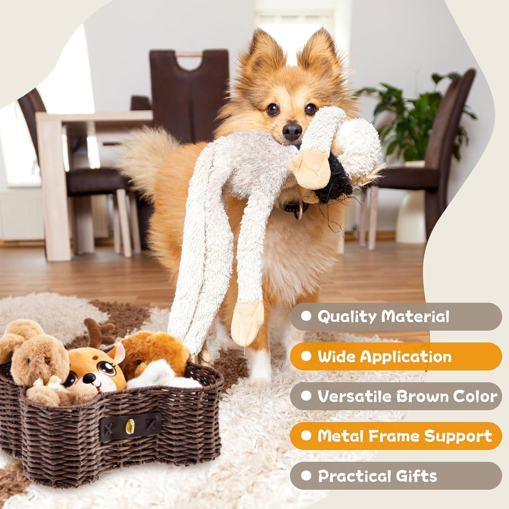 2 Set Large Small Dog Toy Basket with Lid Bone Shaped Basket for Dog Natural Wicker Woven Handmade Pet Puppy Toy