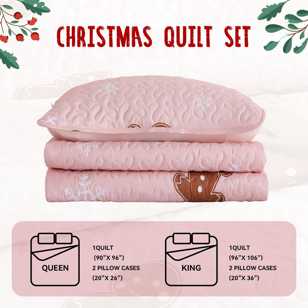 Christmas Quilt Set Queen Size, Pink Gingerbread Christmas Bedding