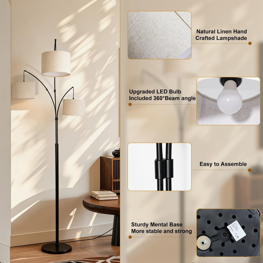 3-Light Dimmable Arc Floor Lamp, LED Tall tree Standing Lamp with Remote