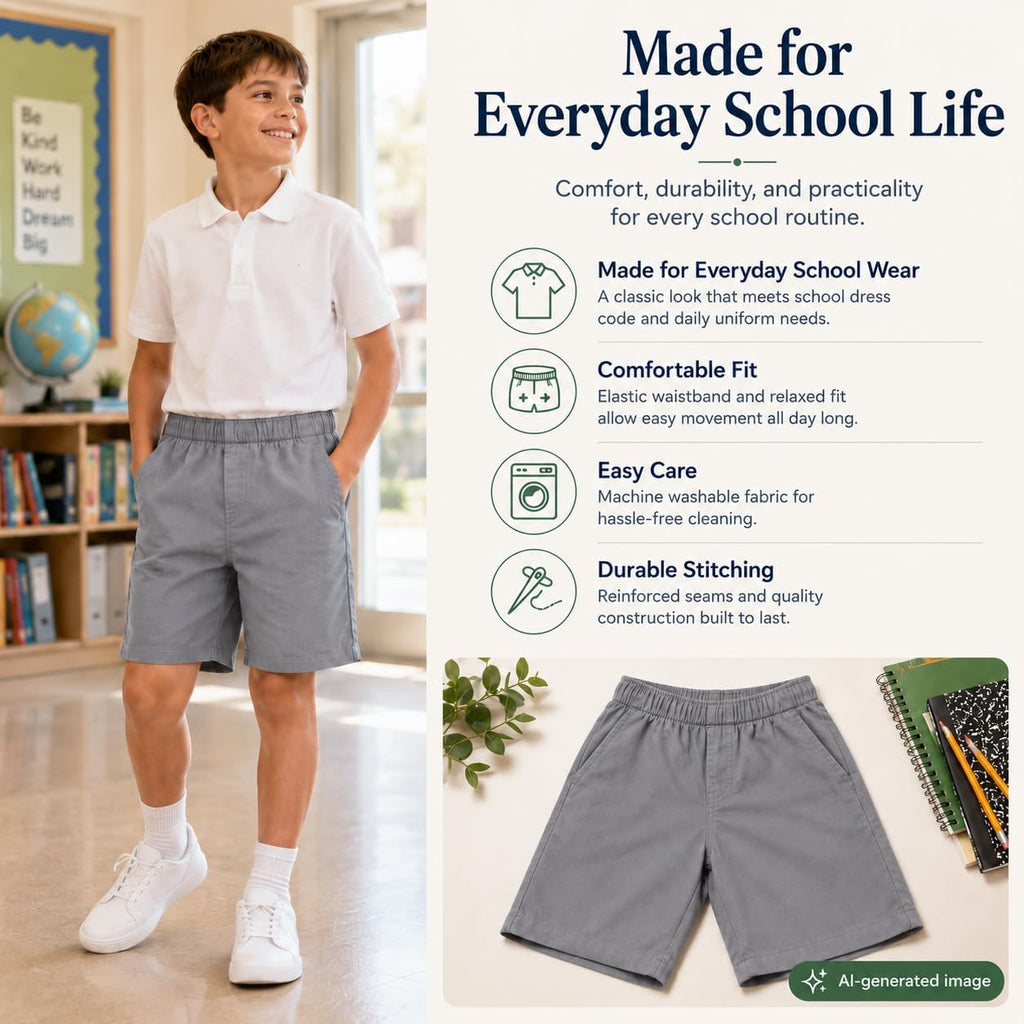 Boys Elastic Waist Shorts: Cotton Casual School Uniform