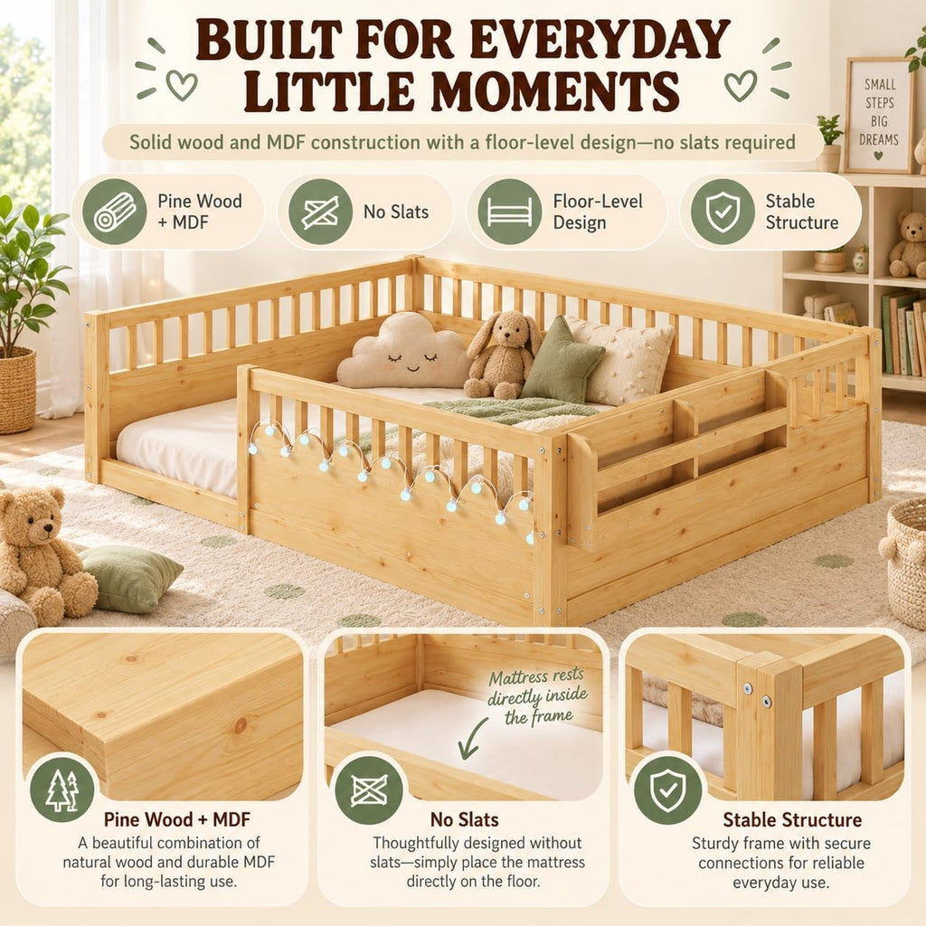 Montessori Floor Bed with High Rails, Floor Bed Frame for Kids, LED Lights & Storage Shelf, Safe & Wider