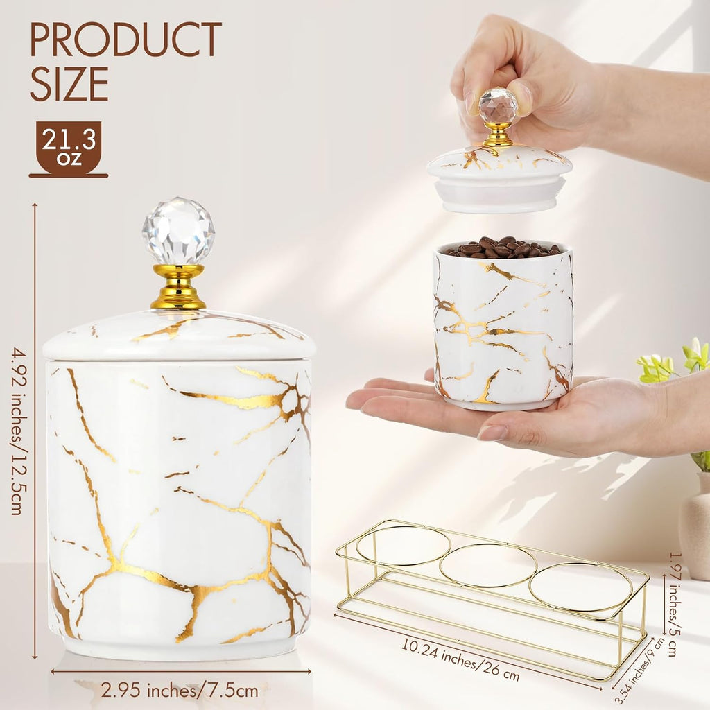 Ceramic Coffee Canister Set with Lids and Metal Stand, Securely Packed in Foam Mold, Marble Sugar Coffee Tea - Set of 3