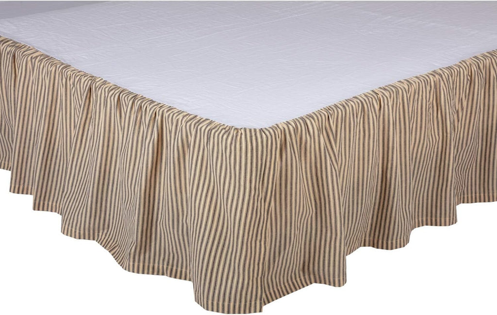 Sawyer Mill Ticking Striped Cotton Farmhouse Split Corners Gathered Queen Bed Skirt, 60x80x16, Charcoal Dark Creme