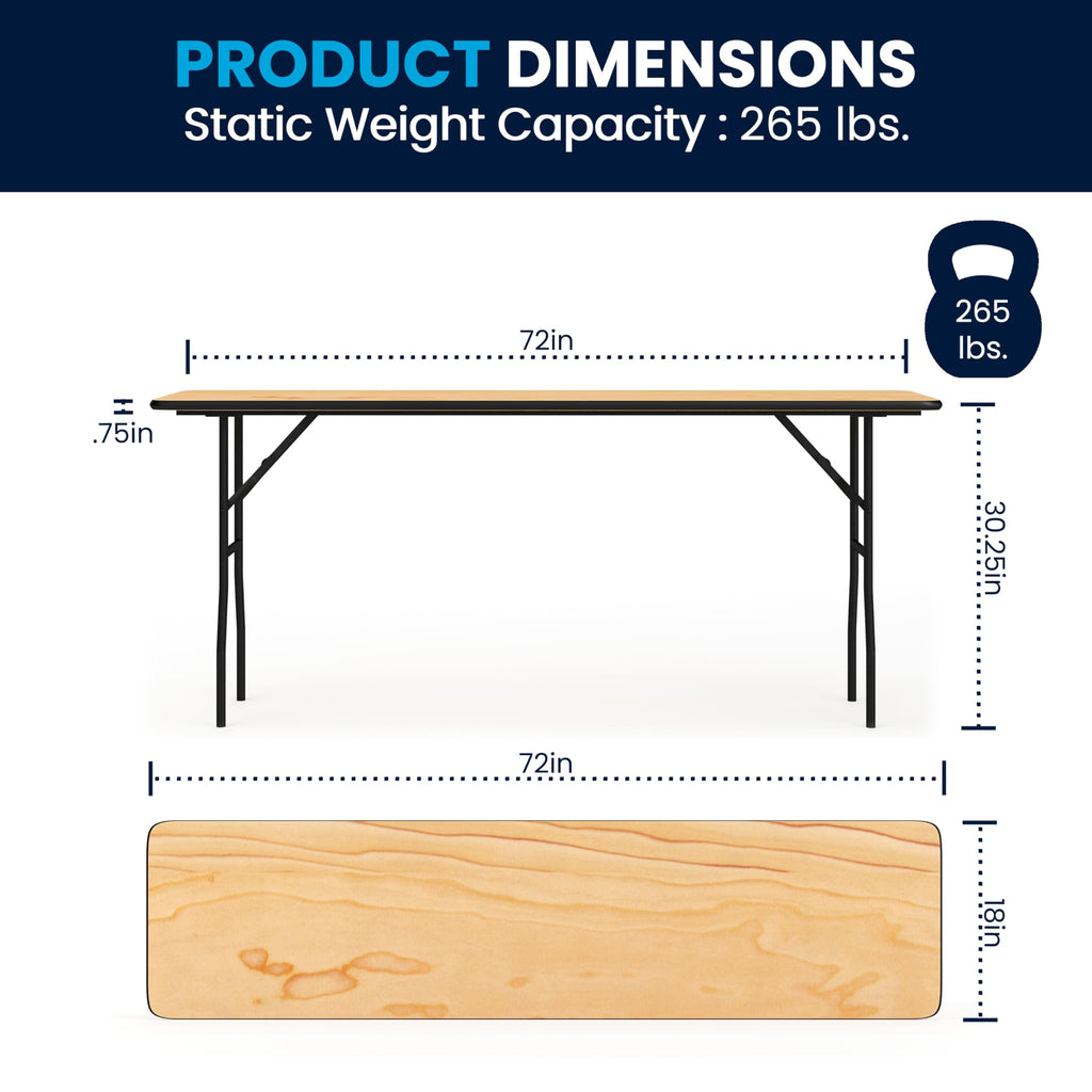 6 ft Wood Folding Banquet Table, 72" x 30", Clear Coat Finish