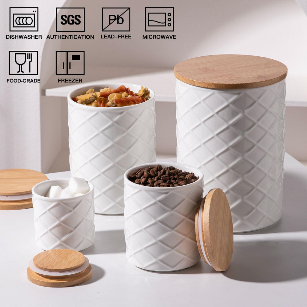 Ceramic Canisters Sets Countertop, Relief Food Storage Jar with Bamboo Lid, Stackable Container for Flour, Coffee