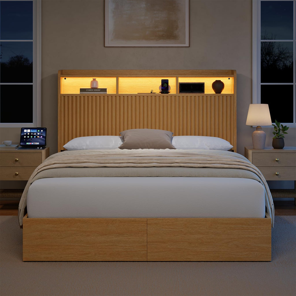 Full Size Bed Frame with Headboard and Storage Drawers, Full Platform Bed Frame with LED Lights and Charging Station
