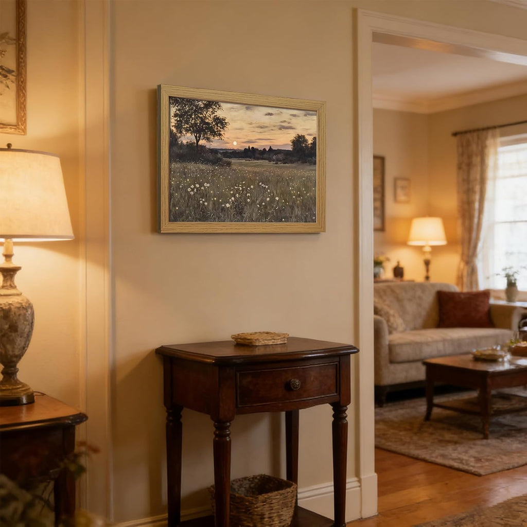 Vintage Framed Meadow Sunset Wall Art, Rustic Twilight Field Landscape Canvas Wall Decor Wildflowers Firefly Poster