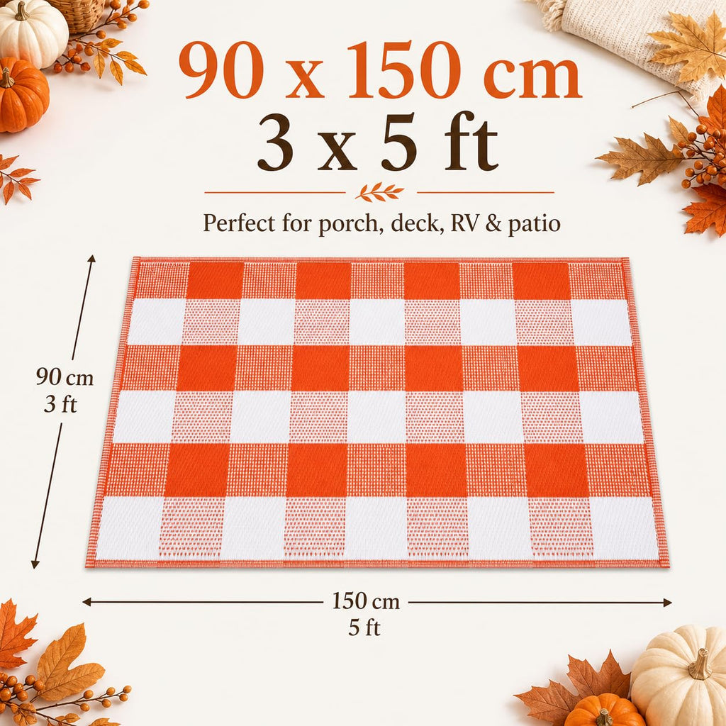 3 x 5 Ft Orange Buffalo Plaid Outdoor Rug Waterproof Reversible Mat