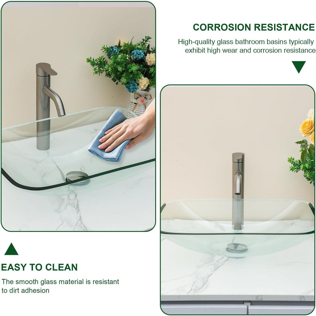 Sarlai Bathroom Vessel Sink Tempered Glass Bowl Vessel Sink with Pop-up Drain Combo 20-1/4 x 14-1/2 Inch Transparent