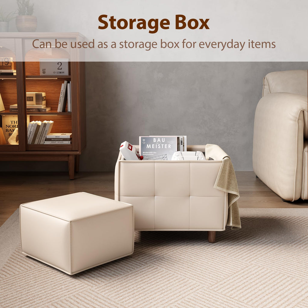 Square Ottoman with Storage Set of 2, Leather Coffee Table Ottoman, Multifunctional Foot Rest Stool with Storage