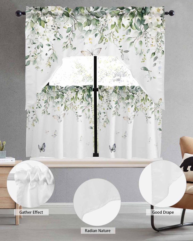 Sage Green Eucalyptus Leaf Kitchen Curtains Sets for Windows 3 Piece, Summer Floral Kitchen Curtains and Valances