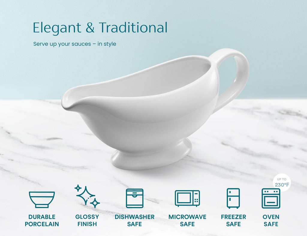 Ceramic Gravy Boat, Large, Spill-Free, 21 oz, White