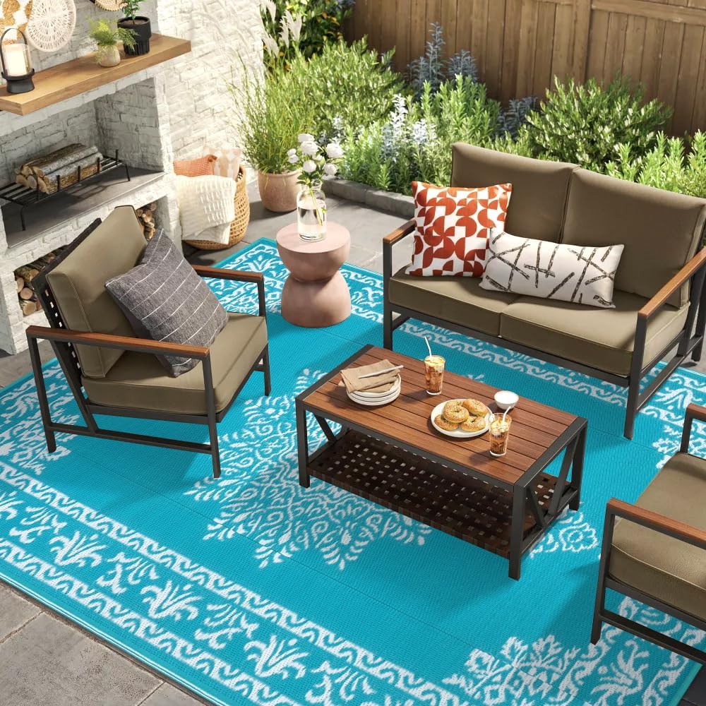 Outdoor Rug Waterproof Plastic Straw Outdoor Patio Rug, Teal
