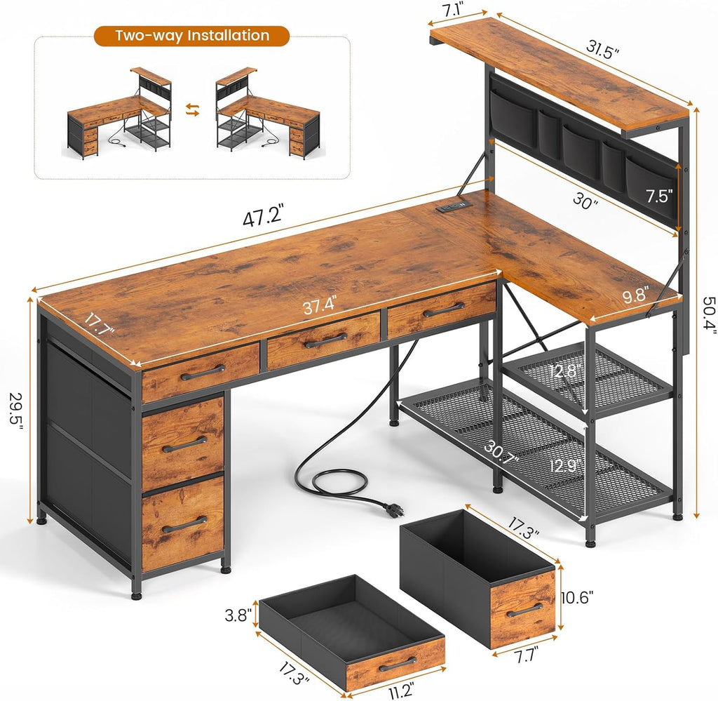L Shaped Desk with Drawers and Hutch, 47.2" Reversible Office Computer Desk with 5 Fabric Drawers